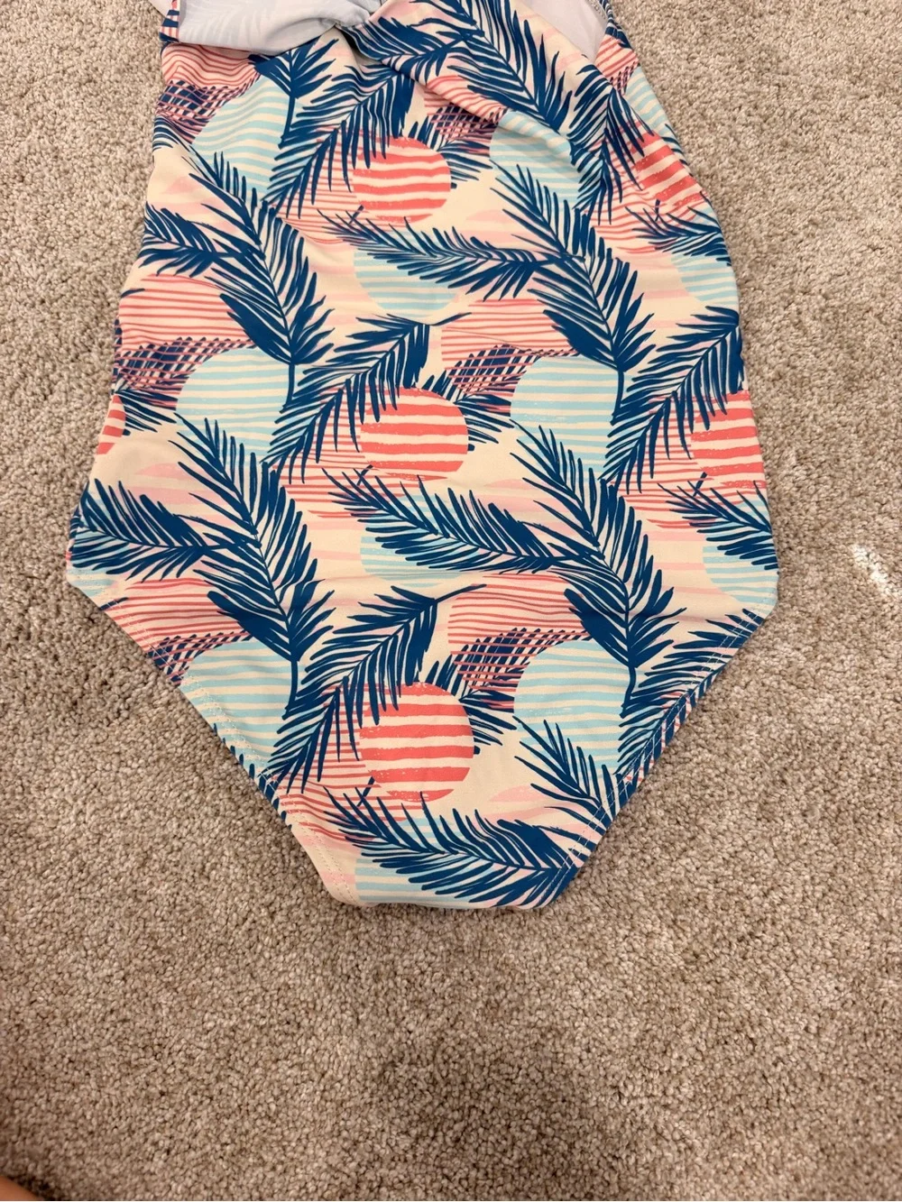 Tropical Off-Shoulder One-Piece Swimsuit - Coral & Navy Leaf Print